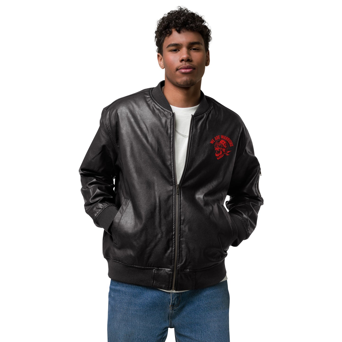 Leather Bomber Jacket "We Are Warriors"