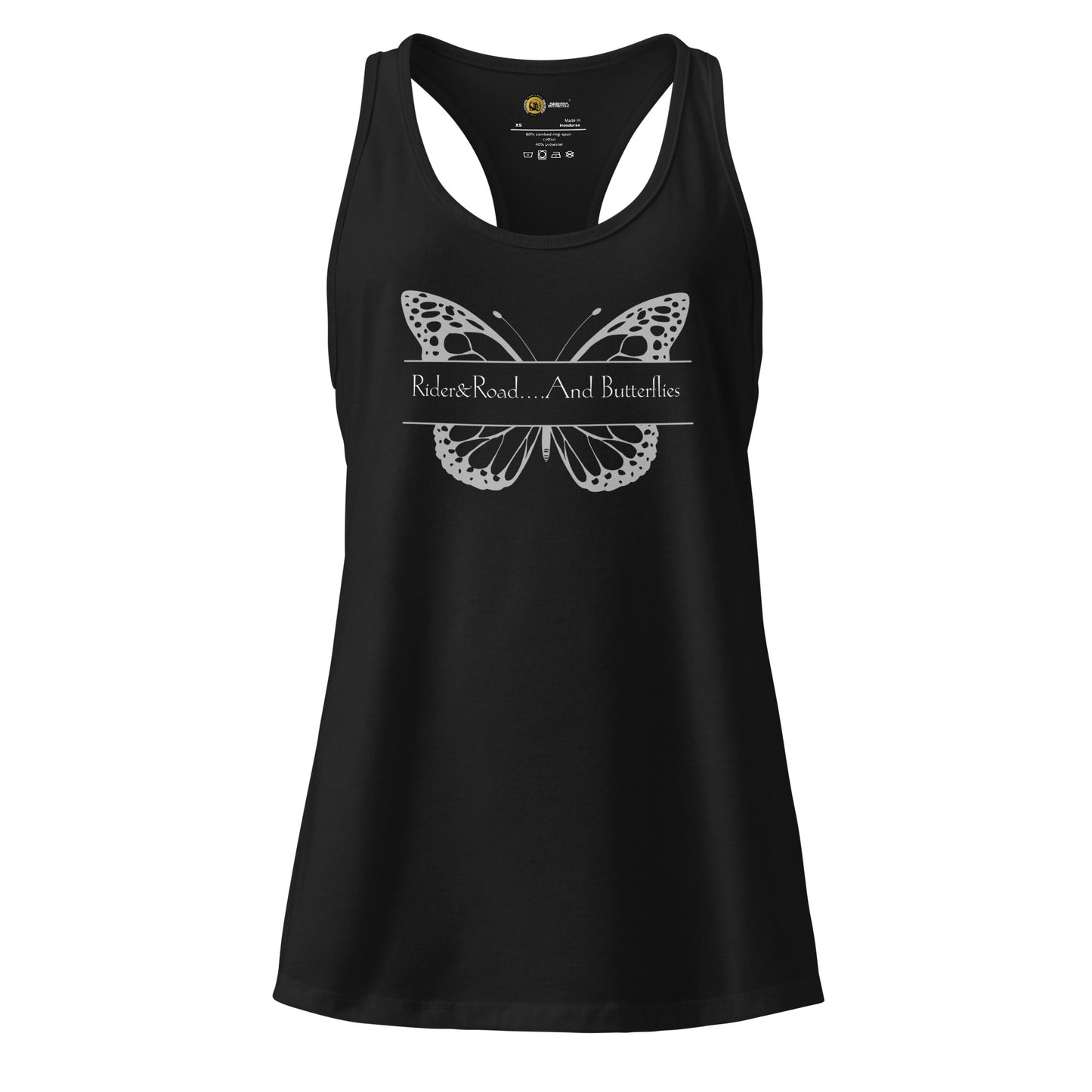 "Camiseta sin mangas en color negro con mariposa en el pecho, con la frase Rider&Road and Butterflies - Sleeveless T-shirt in black with a butterfly on the chest and the phrase Rider&Road and Butterflies"