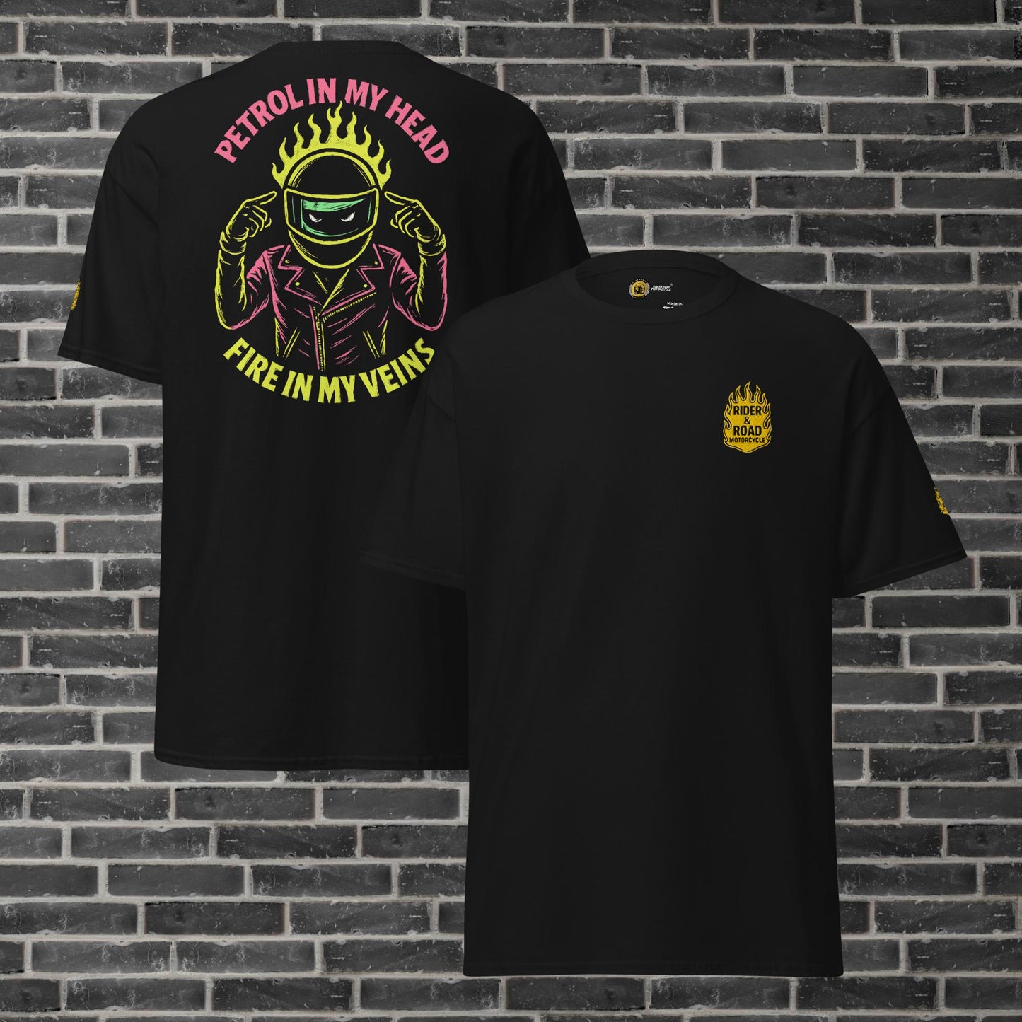 "Camiseta negra, con bordado delantero con forma de llama en color amarillo y estampado trasero de colores vivos con la frase petrol in my head fire in my veins - Black T-shirt with yellow flame-shaped embroidery on the front and brightly coloured print on the back with the phrase “petrol in my head fire in my veins”