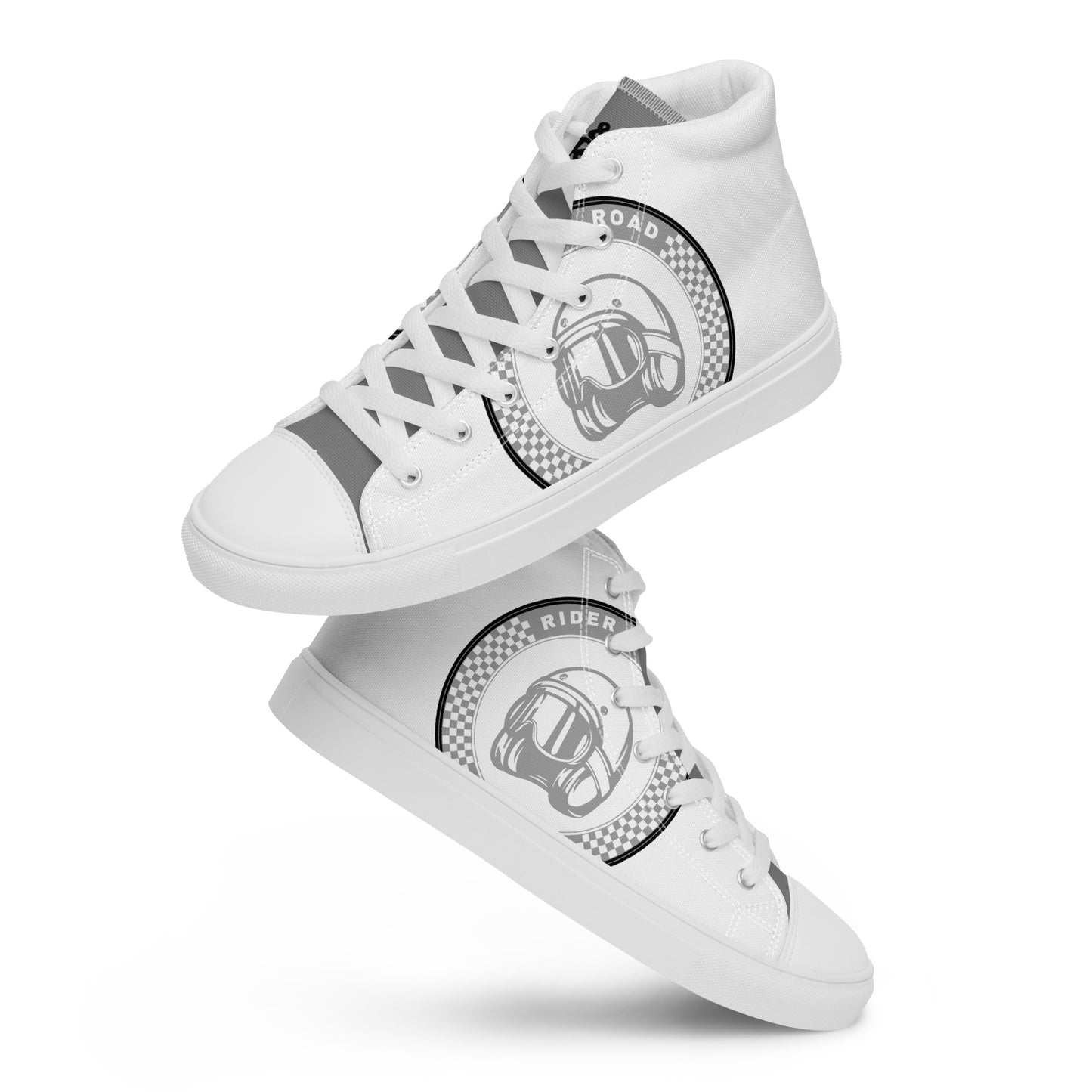 "Zapatilla estilo botín en color blanco la frase Rider&Road y logo en los laterales.
Suela y puntera de goma blanco.
Resistentes, ligeros, alta calidad, ecosostenibles - White ankle boot-style trainers with the phrase Rider&Road and logo on the sides. White rubber sole and toe cap. Durable, lightweight, high quality, eco-sustainable"
