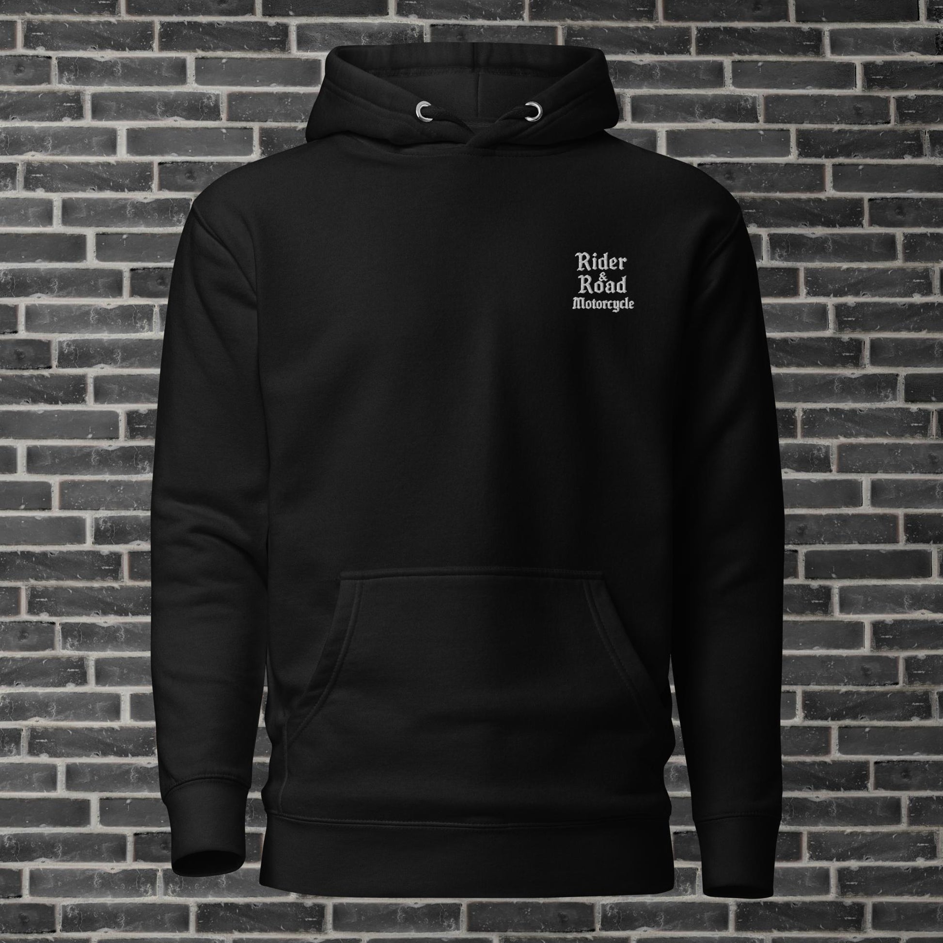 "Sudadera 100% algodón con bordado en el pecho estilo gótico con las palabras Rider&Road Motorcycle y estampado en la espalda de "Sorry, I never look back - 100% cotton sweatshirt with gothic-style embroidery on the chest featuring the words Rider&Road Motorcycle and a print on the back that reads "Sorry, I never look back"