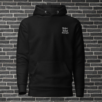 "Sudadera 100% algodón con bordado en el pecho estilo gótico con las palabras Rider&Road Motorcycle y estampado en la espalda de "Sorry, I never look back - 100% cotton sweatshirt with gothic-style embroidery on the chest featuring the words Rider&Road Motorcycle and a print on the back that reads "Sorry, I never look back"