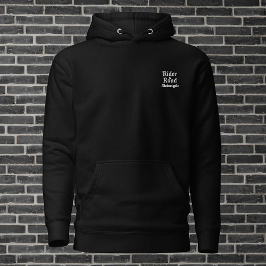 "Sudadera 100% algodón con bordado en el pecho estilo gótico con las palabras Rider&Road Motorcycle y estampado en la espalda de "Sorry, I never look back - 100% cotton sweatshirt with gothic-style embroidery on the chest featuring the words Rider&Road Motorcycle and a print on the back that reads "Sorry, I never look back"