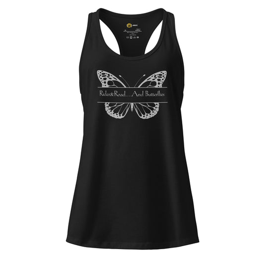 "Camiseta sin mangas en color negro con mariposa en el pecho, con la frase Rider&Road and Butterflies - Sleeveless T-shirt in black with a butterfly on the chest and the phrase Rider&Road and Butterflies"