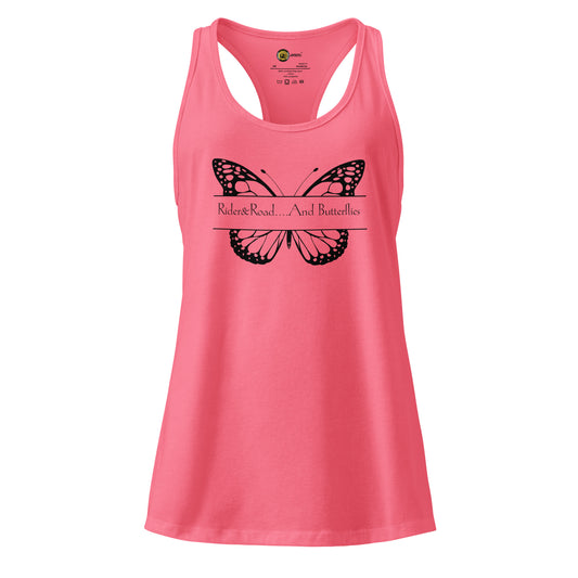 "Camiseta sin mangas en colores rosa, gris, turquesa, azul claro y blanco con mariposa en el pecho, con la frase Rider&Road and Butterflies - Sleeveless T-shirt in pink, grey, turquoise, light blue and white with a butterfly on the chest and the phrase Rider&Road and Butterflies"